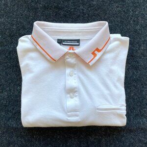 J.Lindeberg Men's Large Bill American Fit Golf Polo White Orange Bridge Logo